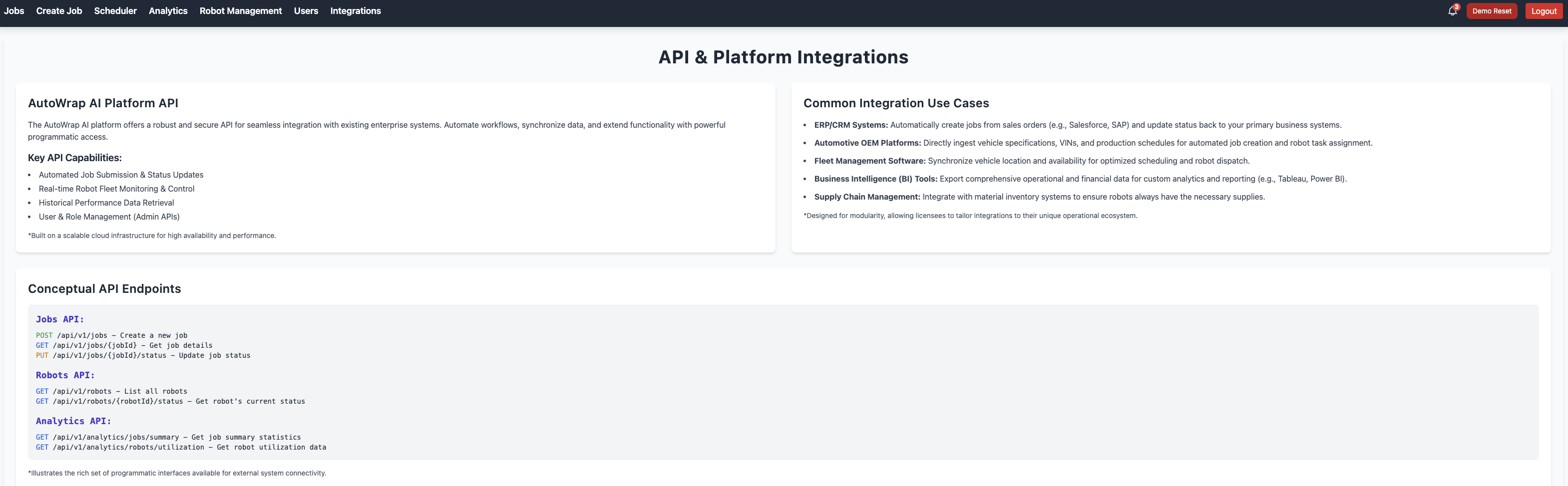 API and Platform Integrations Page