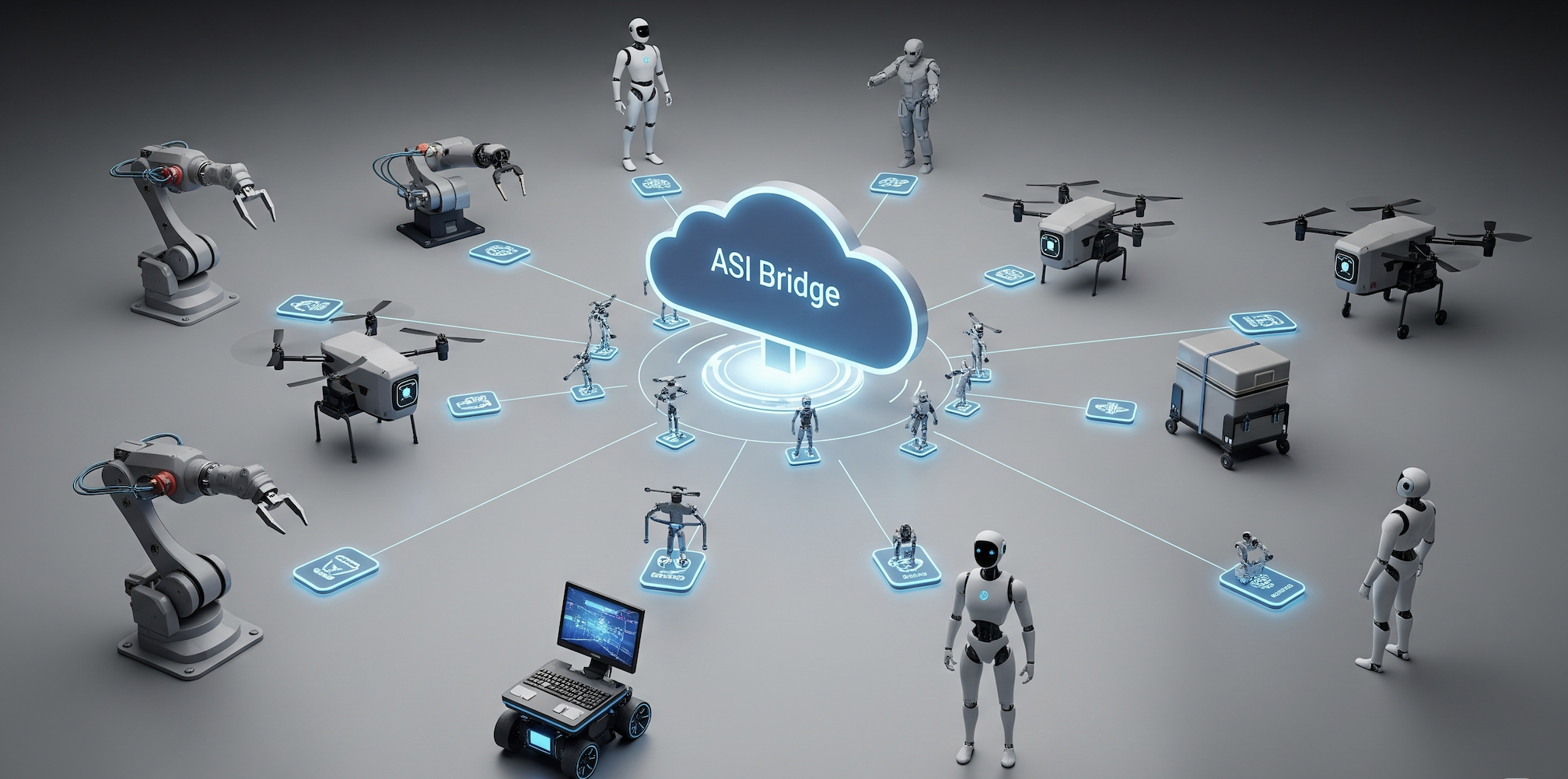 ASI Bridge: The AI to ASI Orchestration Layer Conceptual diagram showing ASI Bridge software integrating various robot types