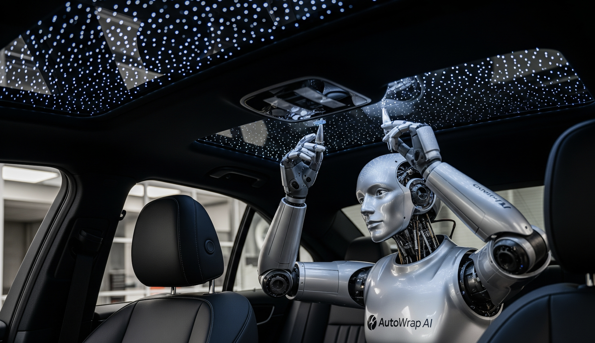 AutoWrap AI humanoid robot installing interior starlight headliner LEDs